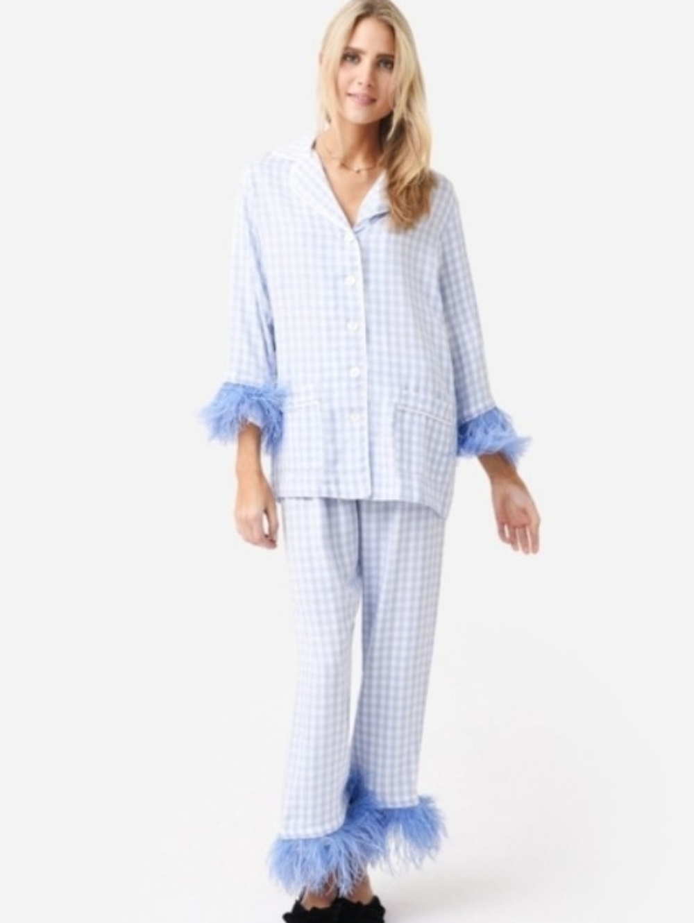 SLEEPER Blue Gingham Feather Trim Pajama Set Bridal Wedding Morning Ostrich - Picture 7 of 9